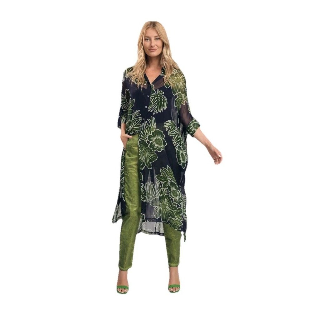NEW Alembika‎ Royal Green Floral Chiffon Jacket Tunic Dress XS Oversize Sheer